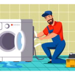 Plumber character repairing washing machine in bathroom. Service master call, handyman eliminating leakage with tools